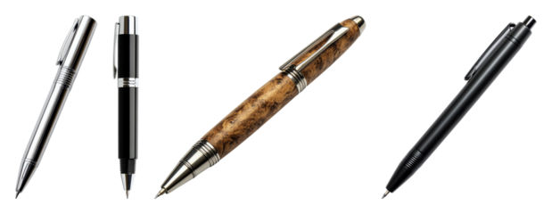 Collection of four elegant pens silver black wood grain and matte black on black transparent background