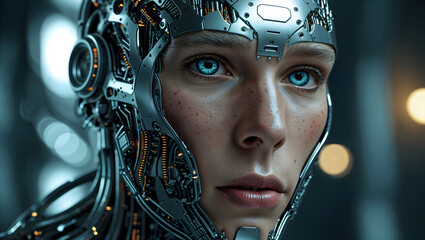 A cyborgs face showcases the intricate fusion of human and machine, blurring the lines between organic and synthetic