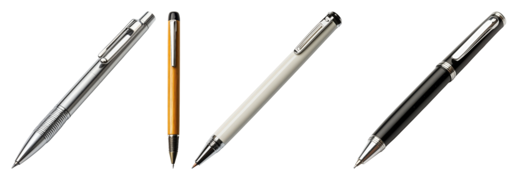 Four assorted pens including a silver metal pen a wooden pen a white pen and a black pen on a black transparent background
