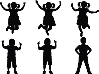 Silhouette of active children jumping and flexing, confident boys and joyful girls with raised hands, black figures isolated on white background