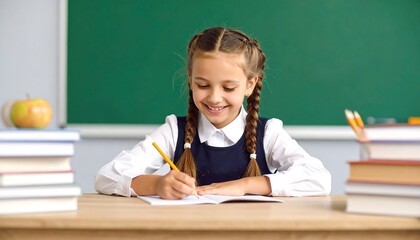 Focused girl writing in class