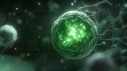 CAR-T Cell Therapy Macro: Photorealistic 8K CGI of Glowing Green Cellular Energy. An epic, photorealistic 8K masterpiece depicting a single, powerful CAR-T cell in stunning macro detail. Rendered with