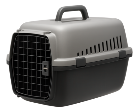 A hard-shell plastic pet carrier with a metal door, designed for safely transporting a cat in an apartment building.