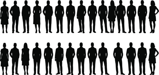 Silhouettes of diverse business professionals in formal attire, standing in confident poses, black isolated figures on white background, corporate team concept