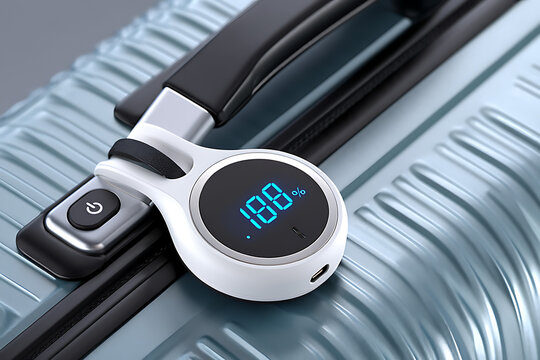 Close up of a white bluetooth speaker with a digital display on a textured surface