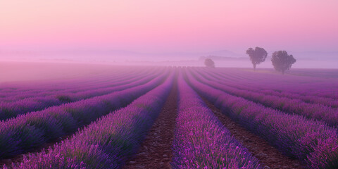 lavender field at sunrise with soft morning mist