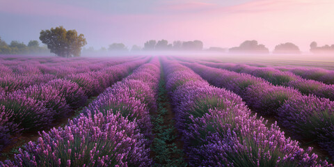 Fototapeta premium lavender field at sunrise with soft morning mist