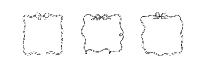 Square bow ribbon frame collection. Hand drawn border. Cute line crayon doodle drawing. Modern minimalist art. Coquette elegant romantic design element for Valentines Day, Wedding, Birthday