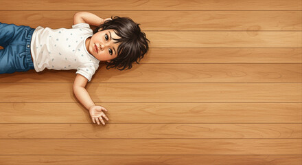 Young child lying on bare floor with curious expression  