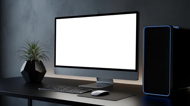 Modern Dark Themed Computer Workstation with a Blank White Screen for Mockups and a Smooth Panning Camera Movement