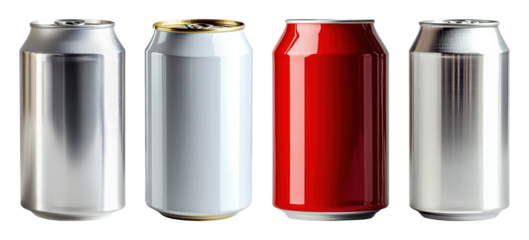 Four soda cans two metallic silver one white with gold pull tab and one red standing in a row transparent background