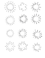 Sun graphic elements doodle sketch style. Set of round outlines sun, explosion, light burst. Sloppy hand drawn line art illustration, vector graphic