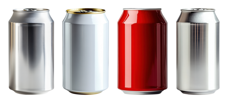 Four soda cans two metallic silver one white with gold pull tab and one red standing in a row transparent background
