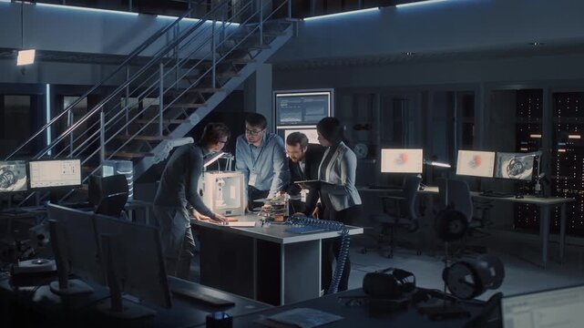 Engineers and Scientists Gather Around a 3d Printer, Reviewing Technical Documents and Model. Team Discusses Prototype and Evaluates Data, Focusing on Engineering Solutions and Product Development