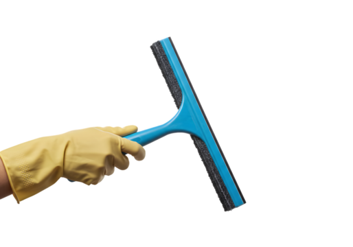 Gloved hand wiping down surfaces with a squeegee, professional cleaning for a spotless home, promote hygiene and cleanliness, sparkling results, effective cleaning tool - Powered by Adobe
