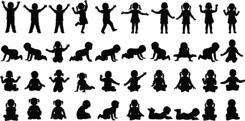 Silhouettes of young children in playful, crawling, seated, and waving poses, black isolated figures on white background, childhood development and activity concept