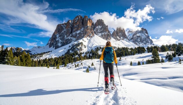 Hiker walking in snowshoes towards the odle mountains in the italian dolomites