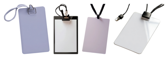 Four blank ID badges with lanyards displayed on black ready to ID card transparent background