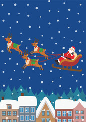 クリスマス素材　雪降る街中を行くトナカイとサンタクロース