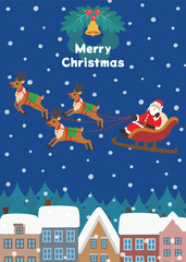 クリスマス素材　雪降る街中を行くトナカイとサンタクロース