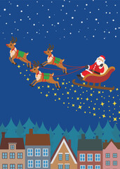 クリスマス素材　雪景色の街中を行くトナカイとサンタクロース　キラキラ