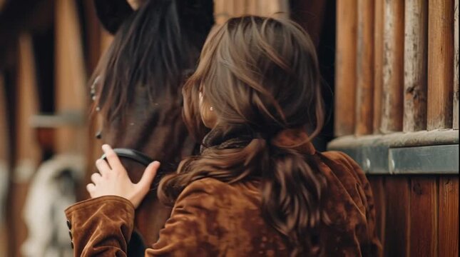 Young brunette woman gently stroking her brown horse in a rustic stable, horse girl aesthetics with elegant old money style