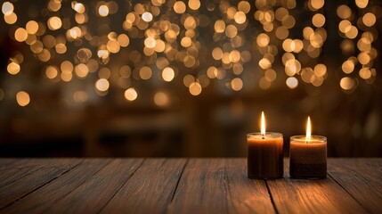 Close-up of candles burning on a table, in a dark room with blurred lights in the background