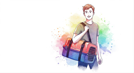 Young man carrying colorful pet carrier with a cheerful expression  