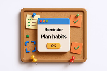 Colorful workspace reminder to plan habits with sticky notes and checkmarks in a creative layout.