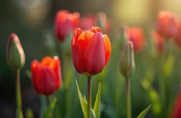 Fototapeta premium Red tulips bloom in spring sunlight. Close-up of vibrant red flowers with green leaves and buds. Soft, blurred background enhances the natural beauty of the garden scene.