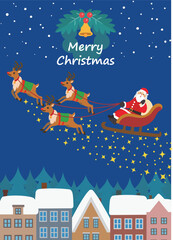 クリスマス素材　雪景色の街中を行くトナカイとサンタクロース　キラキラ