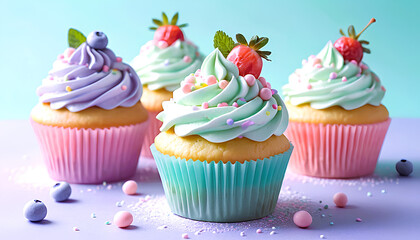 Sweet Serenity: A close-up of several delightful cupcakes, each a pastel masterpiece adorned with vibrant frosting and fresh fruit, evoking a sense of joy and indulgence.