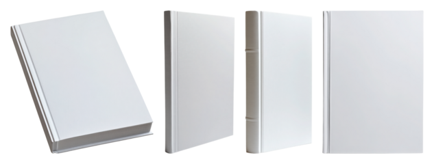Four blank white hardback books displayed from different angles cover empty transparent background