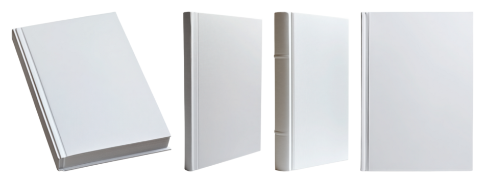 Four blank white hardback books displayed from different angles cover empty transparent background