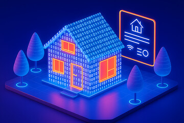 A glowing blue neon smart house with binary code flowing on a digital grid with an icon and wifi signals next to it