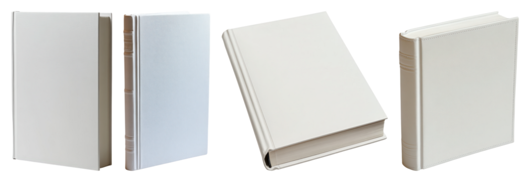 Four white hardcover books displayed from various angles binding pages transparent background - Powered by Adobe