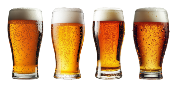 Four glasses filled with refreshing amber beer topped with foamy heads featuring tiny bubbles and condensation transparent background