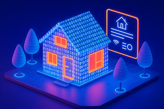 A glowing blue neon smart house with binary code flowing on a digital grid with an icon and wifi signals next to it