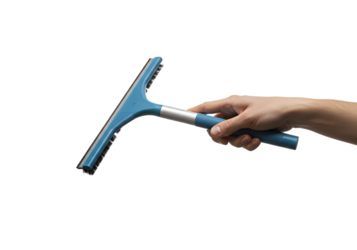 Hand holding blue squeegee tool, ready for cleaning tasks and spotless results, perfect for showcasing hygiene and efficiency in home maintenance or professional services