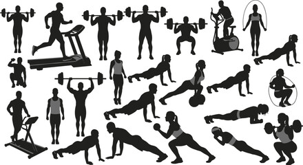 A comprehensive collection of fitness silhouettes, featuring men and women engaged in a variety of gym workouts and exercises.