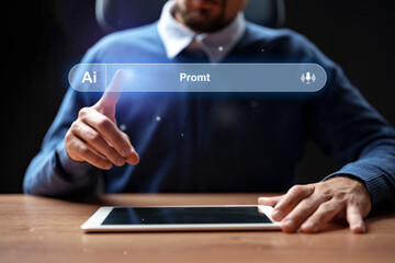 Man interacts with tablet using innovative technology during evening work session