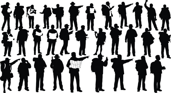 A diverse collection of hiker and traveler silhouettes, equipped with backpacks and maps, exploring and navigating their journey.