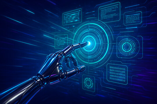 A futuristic metallic robotic hand is touching a glowing circle on a transparent digital screen with a tech interface