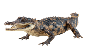 Detailed side view of a brown caiman with open mouth