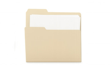 Slightly open manila folder containing blank documents on a transparent background, perfect for projects related to archiving, organizing, and office work