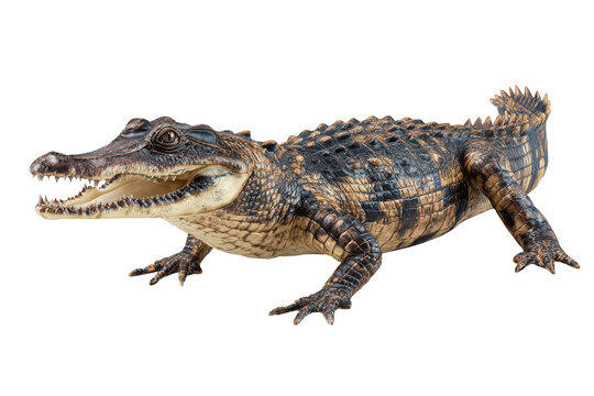 Detailed side view of a brown caiman with open mouth