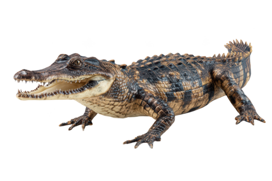Detailed side view of a brown caiman with open mouth