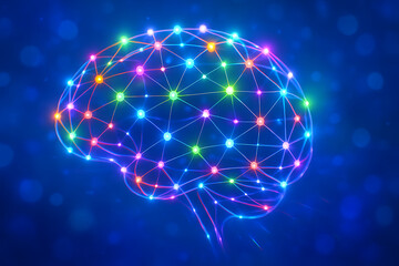 A vibrant and colorful glowing illustration of a human brain with a network of nodes and connected glowing lines on a blue background