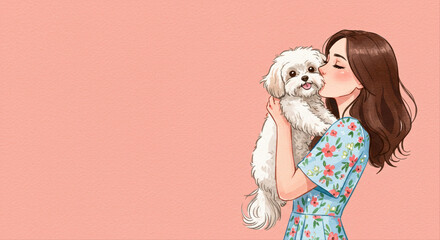 Young woman lifting and kissing small dog while wearing floral dress on pink background  