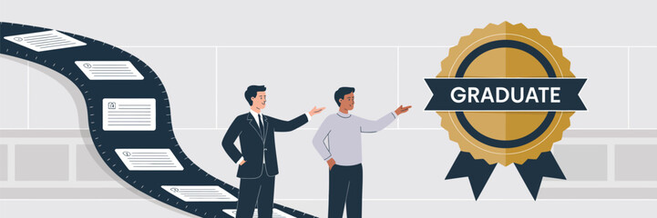 Two men pointing towards a graduate badge with a timeline of documents behind them on a white backdrop